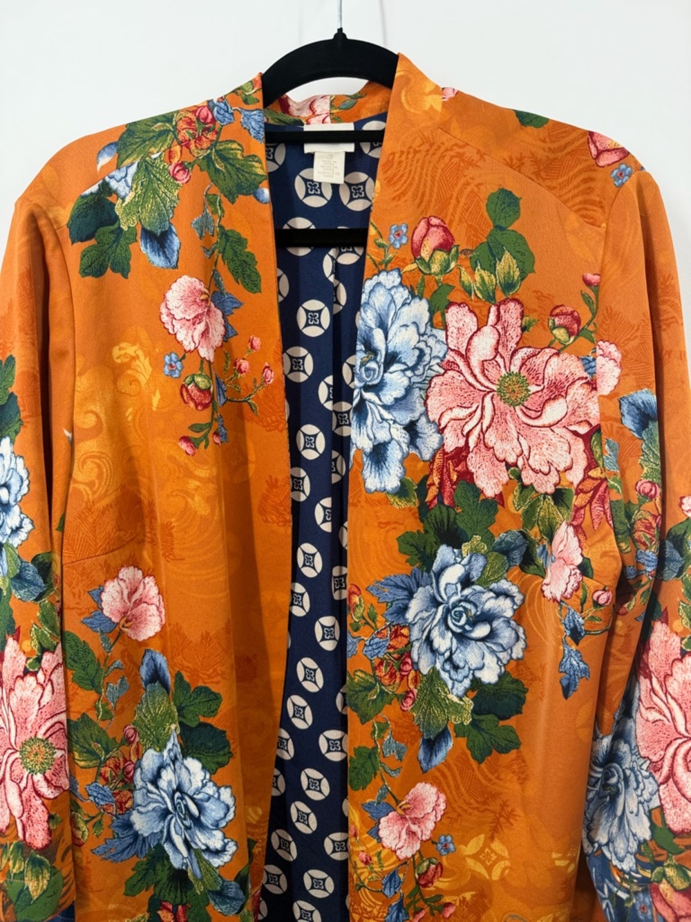 Chico’s Drama Printed Orange and Blue Kimono - Picture 4 of 12